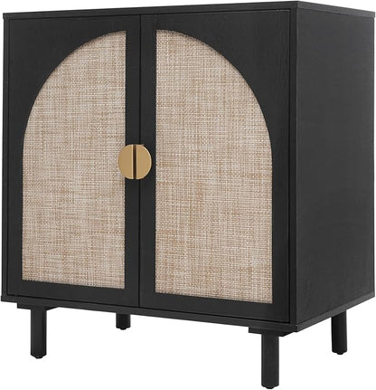 Black Rattan Cabinet-2-Doors,Sideboard Buffet Cabinet with Storage-Accent Storage Cabinet with Cane Door, Boho Wood Credenza for Dining Room, Bathroom, Study, Kitchen
