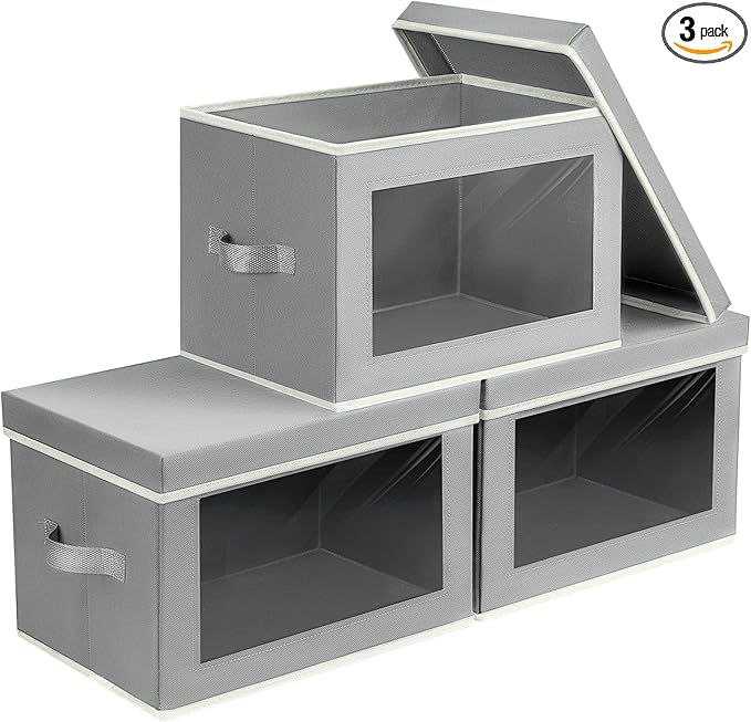 Homsorout Storage Bins, Storage Baskets for Shelves with Window, Fabric Storage Bins with Handle, Foldable Storage Cubes Boxes for Organizing for Clothes, Towels, Books, 3 Pack, Grey