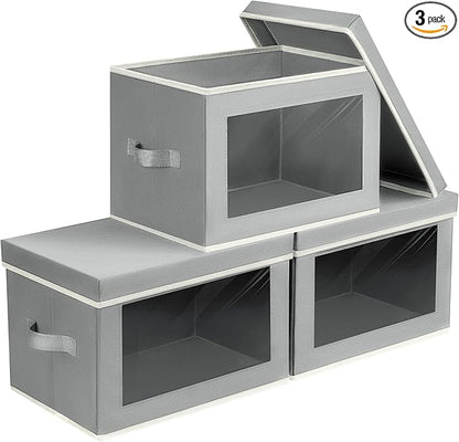 Homsorout Storage Bins, Storage Baskets for Shelves with Window, Fabric Storage Bins with Handle, Foldable Storage Cubes Boxes for Organizing for Clothes, Towels, Books, 3 Pack, Grey