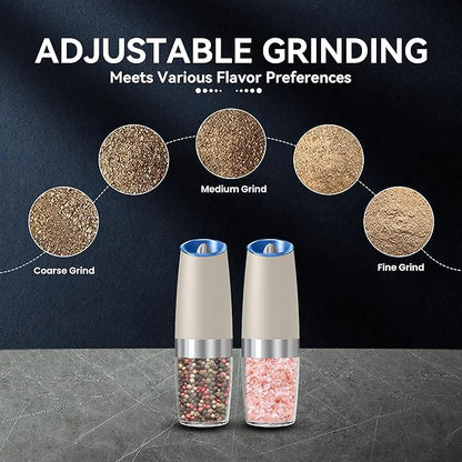 UNNEES Gravity Electric Salt and Pepper Grinder set of 2, Automatic Salt And Pepper Grinder Set, Adjustable Roughness, Battery Powered, LED Light, 2 Pack, (Khaki)
