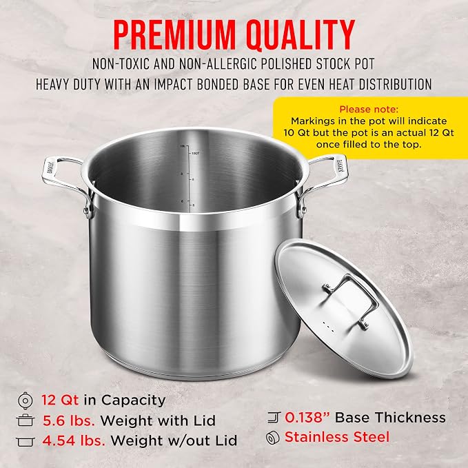 Stainless Steel Stockpot with Lid 12 Quart, Durable 18/8 Stainless Steel, Impact-Bonded Base for Even Heating, Riveted Handles, Oven & All Stove Compatible, Safe Up To 500°F (260°C)