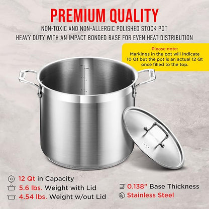 Stainless Steel Stockpot with Lid 12 Quart, Durable 18/8 Stainless Steel, Impact-Bonded Base for Even Heating, Riveted Handles, Oven & All Stove Compatible, Safe Up To 500°F (260°C)