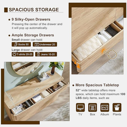 ACCOHOHO Modern 9 Drawer Dresser for Bedroom, 52" Wide Wooden Dressers with Large Storage,Handleless Chest of Drawers TV Stand for Living Room & Hallway, Curved Profile Design,Natural Oak