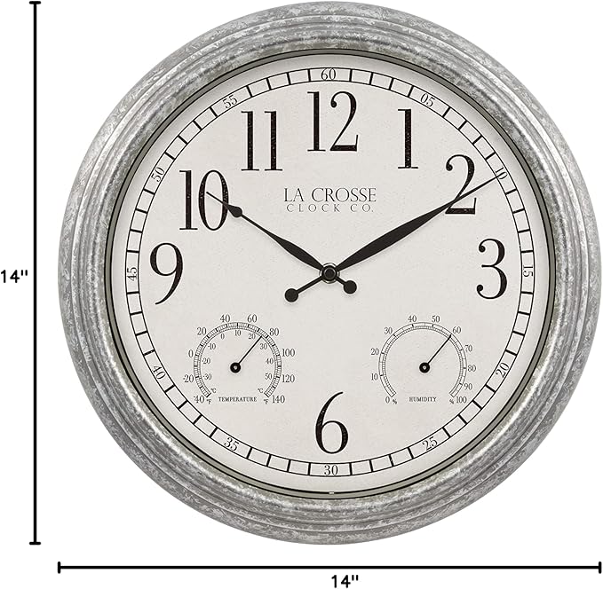 La Crosse Clock 433-3236 14-inch Silas Indoor/Outdoor Galvanized Analog Quartz Wall Clock