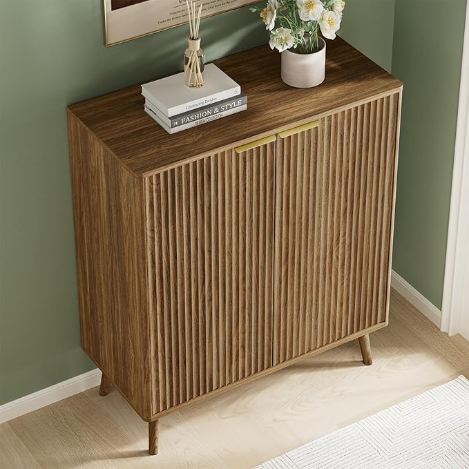 Fluted Shoe Cabinet with Doors,5-Tier Freestanding Shoe Storage Cabinet with Adjustable Shelves, Wooden Shoe Rack Organizer Cabinet for Entryway,Hallway,Natural Oak