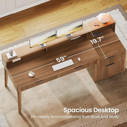 SEDETA Modern Office Desk with 4 Drawers, 59" Fluted Gaming Computer Desk with Storage, LED Lights and Power Strip, Wood Writing Desk Study Table for Home Office, Living Room, Bedroom, Brown