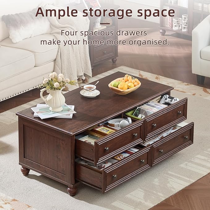 48" Farmhouse Coffee Table with Hidden Storage,Wooden Coffee Tables with 4 Drawers & Roman Column Handle,Rectangular Rustic Center Table with Solid Wood Curved Base for Living Room,Office,Walnut