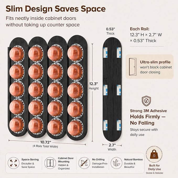 Bamboo Coffee Pod Holder, Adhesive Wall Mount (No Drilling) for Inside Cabinet Door, 20-Capsule Storage (Set of 4), Vertical & Horizontal, Compatible with Nespresso Vertuo Line-Black