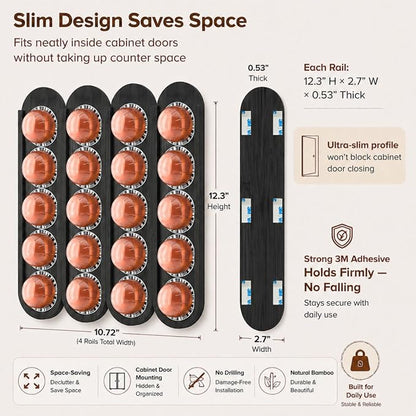Bamboo Coffee Pod Holder, Adhesive Wall Mount (No Drilling) for Inside Cabinet Door, 20-Capsule Storage (Set of 4), Vertical & Horizontal, Compatible with Nespresso Vertuo Line-Black