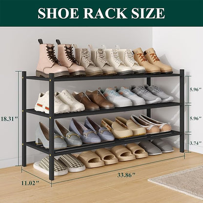 Smiry Long Bamboo Shoe Rack 3-Tier, Stackable Wooden Shoe Organizer for Entryway & Closet, Free Standing Wood Shoe Storage Shelf for Front Door & Small Spaces, Black