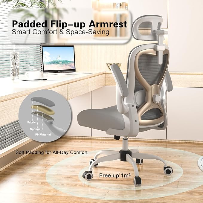 Home Office Desk Chairs, Ergonomic Office Chair with Lumbar Support & 3D Headrest, Computer Desk Chair with Flip-up Armrests, Perfect for Office or Study, Gray/Gold