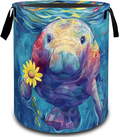 VODRM Colorful Manatee Flower Laundry Basket, Dirty Collapsible Clothes Toy Organizer Hamper for Kids Adults, Oxford Cloth Waterproof Storage Bin for Bedroom Bathroom Ocean Decor Gifts, 19.7"X15.7"
