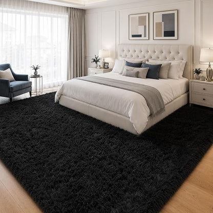 Area Rug for Living Room Bedroom: 9x12 Black Soft Fluffy Shag Upgrade Non-Slip High Pile Carpet Large Fuzzy Plush Indoor Floor Decor Shaggy Rug for Kid Boys Girls Dorms Playroom Nursery Modern Home