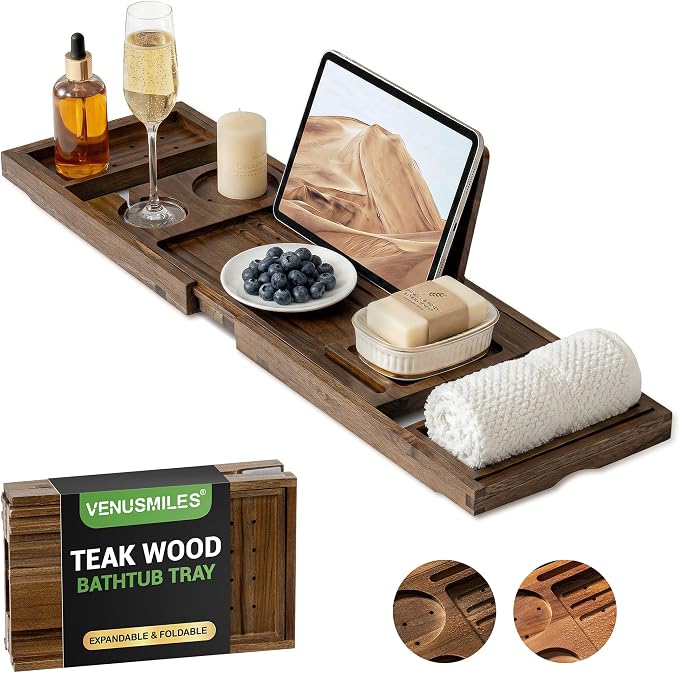 Venusmiles Teak Bathtub Tray Caddy, Foldable Bath Tray with Expandable Handles, Wine Glass and Phone Holders, Book Stand, for Home Spa Relaxation, Luxury Bathroom Accessories - Dark Walnut Color