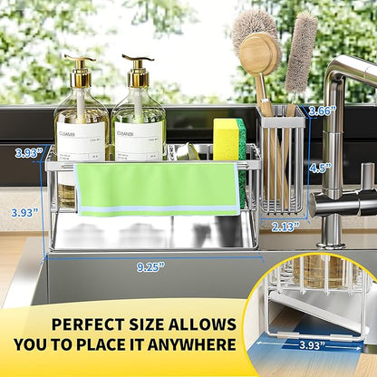 Cisily Kitchen Sink Caddy Organzier with High Brush Holder, Sponge Holder for Sink, 304 Rustproof Stainless, Kitchen Countertop Soap Dispenser Organizer (Silver With Towel Rack, 9.25″)