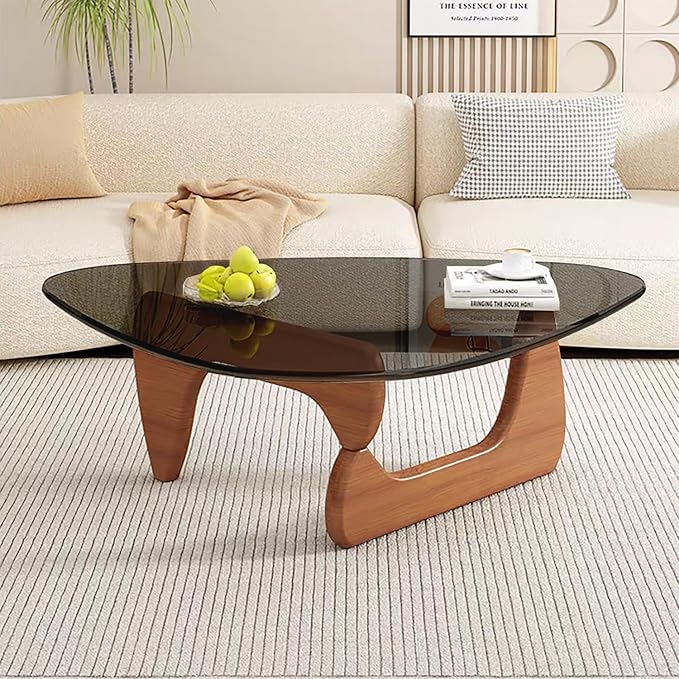 Modern Glass Coffee Table, Mid Century Small Coffee Table, Coffee Table for Living Room,Suitable for Bedroom Living Room Reception Office Tables (Walnut/Grey, Small)