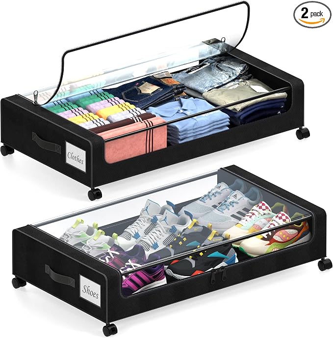 Under Bed Storage with Wheels, 2 Pack Under Bed Storage Containers with Clear Lids, XXL 65L Under Bed Storage Organizer, Rolling Under Bed Metal Drawer for Blanket, Clothes, Shoes (31 x 17 x 6.69 in)