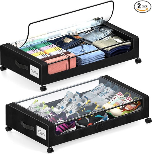 Under Bed Storage with Wheels, 2 Pack Under Bed Storage Containers with Clear Lids, XXL 65L Under Bed Storage Organizer, Rolling Under Bed Metal Drawer for Blanket, Clothes, Shoes (31 x 17 x 6.69 in)