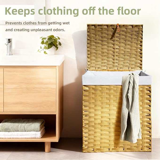 Woven Laundry Hamper with Lid,34 Gal(130 L) Rattan Wicker Laundry Basket 2 Sections with Lid, Removable Machine Washable Line, Large Clothes Hamper with Handles for Bathroom Bedroom, Yellow