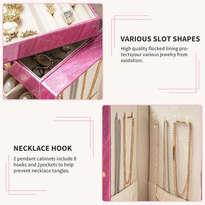 AKOZLIN 6-Tier Jewelry Box Lockable Leather Jewelry Storage Case with 5 Drawers for Women Girls Ring Necklace Earring Bracelet Holder Organizer with Mirror Rose