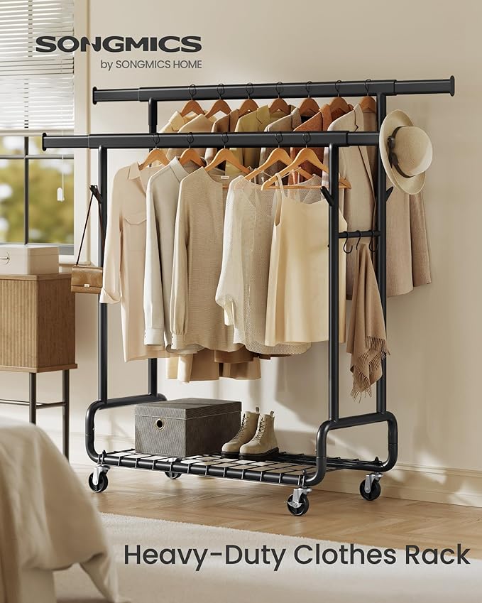 SONGMICS Clothes Rack, Heavy-Duty Rolling Clothing Garment Rack with Wheels, Extendable Double Hanging Rods and Adjustable Height, Portable, with Shelf and Hooks, Ink Black UHSR015B01