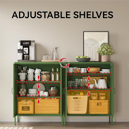 COFaR Forest Green Metal Cabinet, 40” Kitchen Pantry & Coffee Bar Cabinet, 3-Tier Adjustable Shelf Organizer with Magnetic Doors, Rustic Modern Sideboard for Dining Room, Home Office