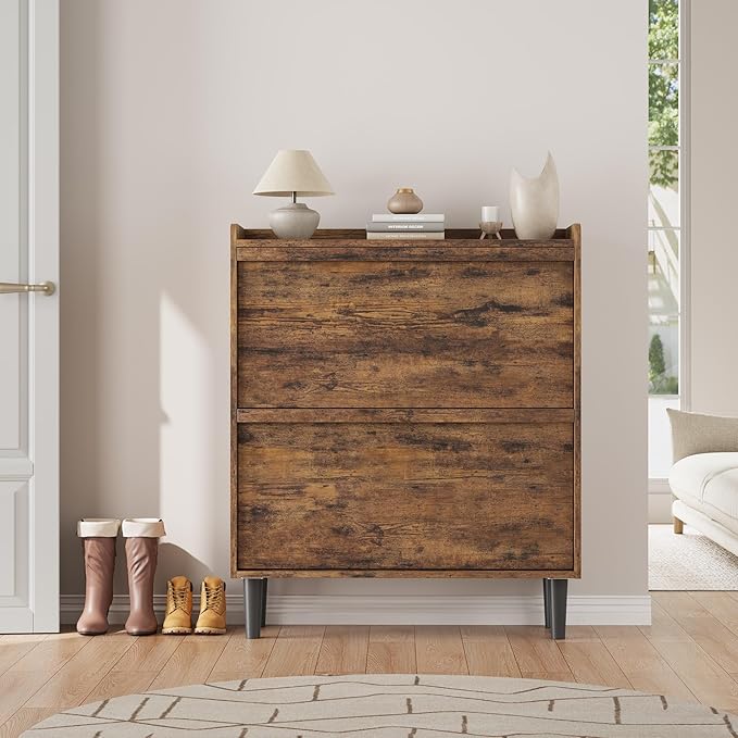 IDEALHOUSE Shoe Cabinet with 2 Flip Drawers,Hidden Wood Shoe Storage with Adjustable Shelf,Freestanding Shoe Organizer Rack for Entryway,Hallway,Living Room(Rustic Brown)