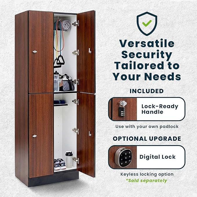 Alpine 4 Door Wooden Locker Cabinet - 72" Expandable Commercial Storage Lockers for Gym, Spa, Office & Golf Club - Includes Metal Base & Lock-Ready Handles, Double Column 2 Tier - Walnut