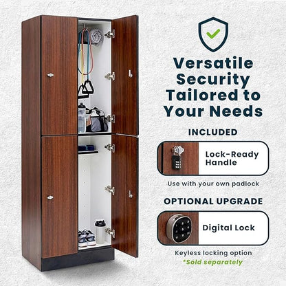 Alpine 4 Door Wooden Locker Cabinet - 72" Expandable Commercial Storage Lockers for Gym, Spa, Office & Golf Club - Includes Metal Base & Lock-Ready Handles, Double Column 2 Tier - Walnut