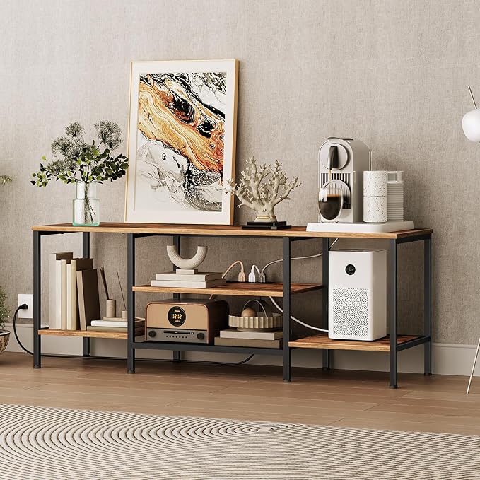 HOOBRO TV Stand with Power Outlets to 65 Inches, TV Console Table with Open Storage Shelves, Industrial Media Entertainment Center for Living Room Bedroom, Rustic Brown and Black BF40DS01