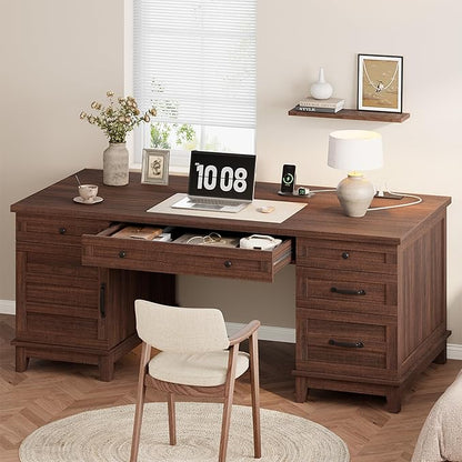 60" Executive Desk with Power Outlet, Home Office Desk with Drawers, Wooden Work Desk with File Cabinet, Computer Desk for Work, Study, Writing, Brown