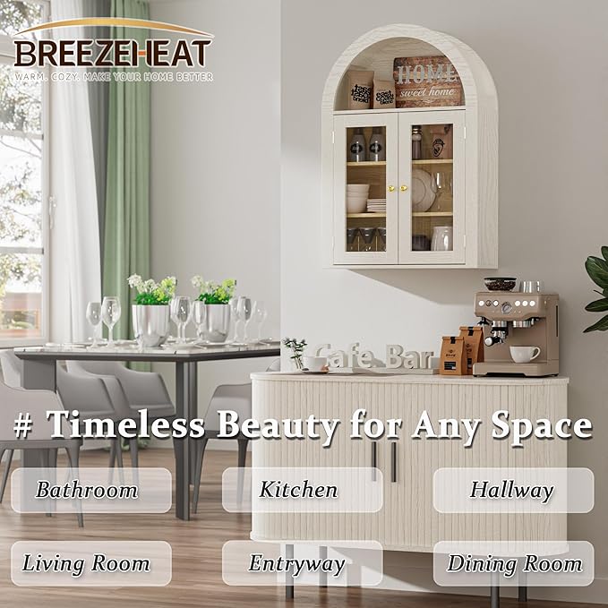 BREEZEHEAT Bathroom Medicine Cabinet Wall Mounted-Over The Toilet Storage Cabinet-Arched Wall Cabinet with Glass Doors & Adjustable Shelves, Wood Cabinet for Laundry Room, Kitchen, Living Room, Beige
