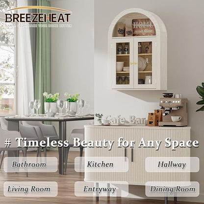 BREEZEHEAT Bathroom Medicine Cabinet Wall Mounted-Over The Toilet Storage Cabinet-Arched Wall Cabinet with Glass Doors & Adjustable Shelves, Wood Cabinet for Laundry Room, Kitchen, Living Room, Beige