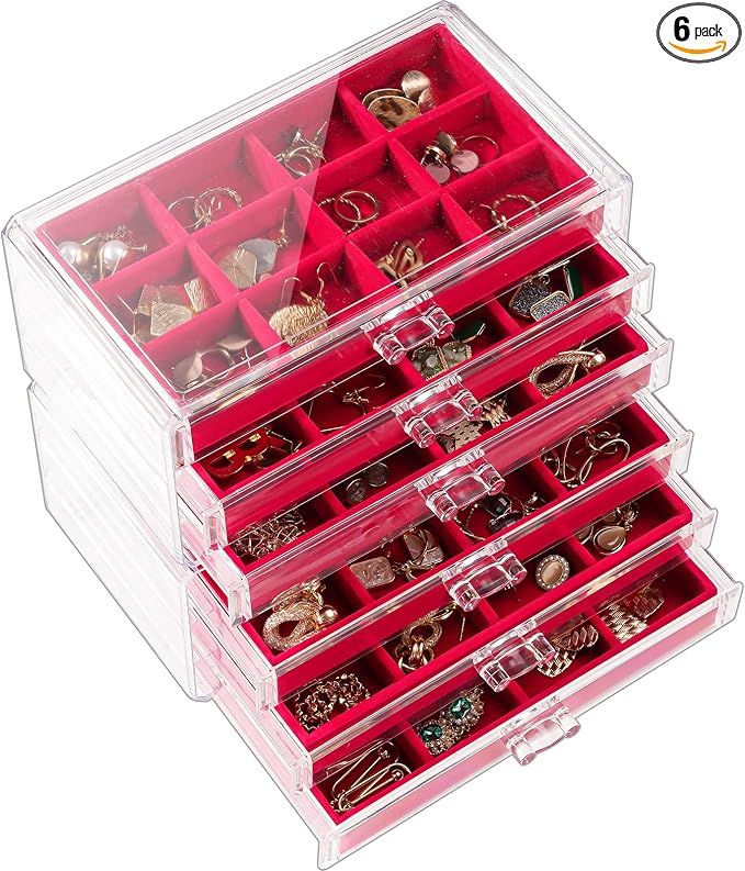 Lolalet Earring Holder Organizer Box Jewelry Storage with 6 Drawers, Clear Acrylic Stackable Earring Case with Adjustable Velvet Trays for Women on Dresser Vanity -Red, 6 Layers