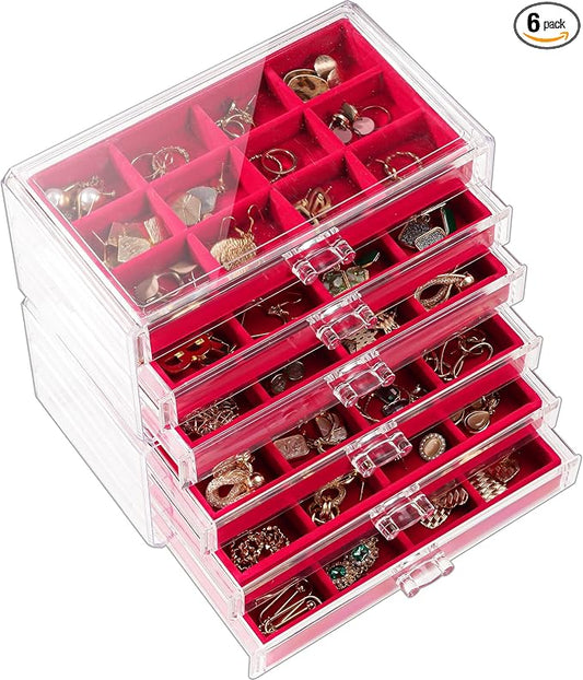 Lolalet Earring Holder Organizer Box Jewelry Storage with 6 Drawers, Clear Acrylic Stackable Earring Case with Adjustable Velvet Trays for Women on Dresser Vanity -Red, 6 Layers