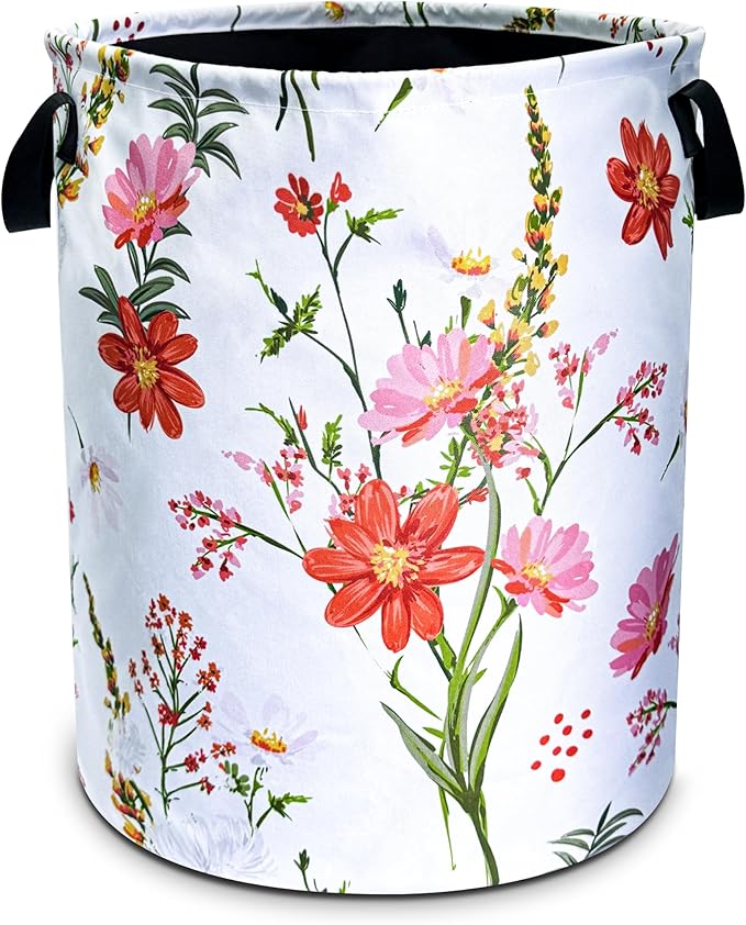 NUTAINLA Beautiful Flowers Laundry Basket Pink Red Floral Foldable Oxford Cloth Funny Tote Bag Laundry Hamper Clothes Storage Bucket Toy Organizer For Bathroom/Laundry Storage/Bedroom 18.9x16.5 Inch