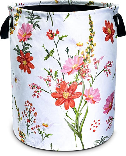 NUTAINLA Beautiful Flowers Laundry Basket Pink Red Floral Foldable Oxford Cloth Funny Tote Bag Laundry Hamper Clothes Storage Bucket Toy Organizer For Bathroom/Laundry Storage/Bedroom 18.9x16.5 Inch
