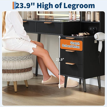 GarveeHome Fluted Makeup Vanity Desk with Lights, 48" Big Vanity with Glass Top and Large 36" HD Lighted Mirror, Modern Dressing Table with 5 Drawers 3-Tier Shelves Set w/Charging Station (Dark Grey)