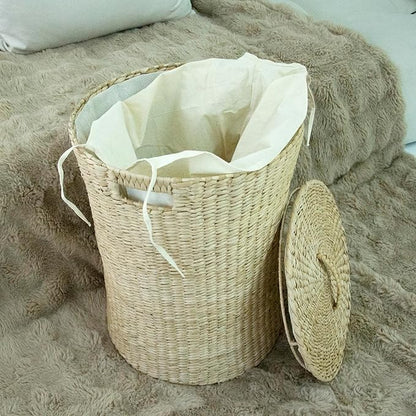 Furnnylane Hand Woven Laundry Basket with Lid,21-Inch Laundry Hamper with Removable Liner for Laundry and Elegant Storage,Natural