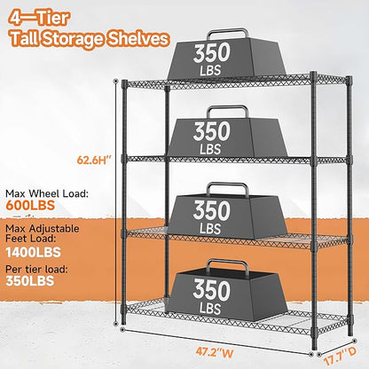 M MZG 4 Tiers Storage Shelves Load 1400LBS, Metal Shelving Wire Metal Shelving Unit Shelves for Storage Adjustable Garage Shelving for Pantry Kitchen Garage Black 17.7" D x 47.3" W x 62.7" H