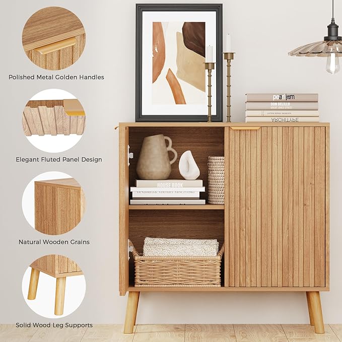 Fluted Storage Cabinet, Buffet Cabinet Sideboard, Modern Accent Cabinet Console Table for Entryway, Living Room