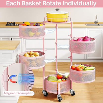 SNTD Fruit and Vegetable Basket Bowls for Kitchen with Metal Top Lid, 5 Tier Rotating Storage Rack Cart for Potato Onion Bread Banana, Wire Basket Organizer on Wheels, Large, Pink