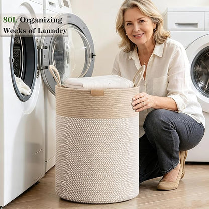 80L Extra Large Boho Laundry Hamper Basket, Tall Woven Hamper for Bedroom, Cotton Rope Laundry Basket for Clothes, 16x22 Inches, Brown