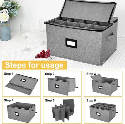 homyfort Wine Glass Storage Box, China Storage Containers with Dividers, Stemware Storage Case Holds 12 Wine Glass or long stem Crystal Glassware with Handles, Hard Shell and Stackable (Grey)