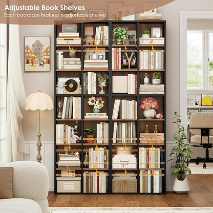 FOTOSOK 71'' Tall Bookshelf Set of 2, 7 Tier Large Bookshelf with Adjustable Shelves, Wide Bookcases and Bookshelf, DVD/CD Media Tower Storage, Cube Book Shelf Display Shelf Cabinet, Black/Brown
