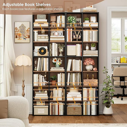 FOTOSOK 71'' Tall Bookshelf with 14 Cubes, 7 Tier Double Wide Wood Bookshelf with 6 Adjustable Shelves, 19.6" Narrow Bookcase DVD/CD Media Storage, Space Saving Display Shelf Cabinet, Black/Brown