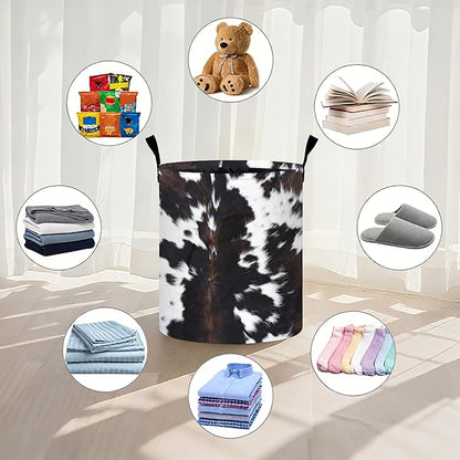 White Black Cowhide Laundry Basket Laundry Hamper With Handles Collapsible Laundry Baskets Storage Basket For Room Bathroom Bedroom Decor