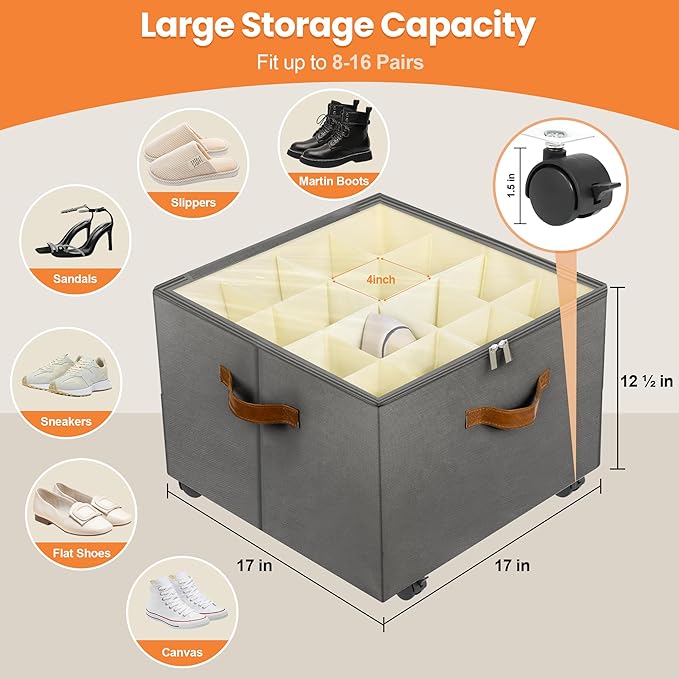 Foyego Shoe Organizer for Closet, Shoe Storage Organizer with Wheels and Adjustable Dividers, Stackable Shoe Storage Box with Clear Cover, Foldable Closet Shoe Organizer Fits up to 16-32 Pairs, Gray