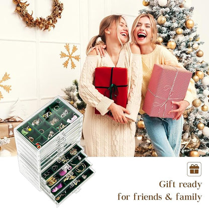 ProCase Earring Holder Organizer Jewelry Box with 10 Drawers, Acrylic Clear Earring Case with Adjustable Velvet Trays for Women - Emerald,10 Layers