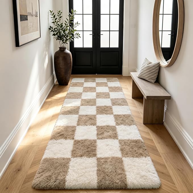 Shag Runner Rug for Bedroom Living Room 3x7 Upgrade Non-Slip Fluffy Soft Bedside Rugs,Beige and White Shaggy Carpet for Livingroom Dorm Home Decor Aesthetic